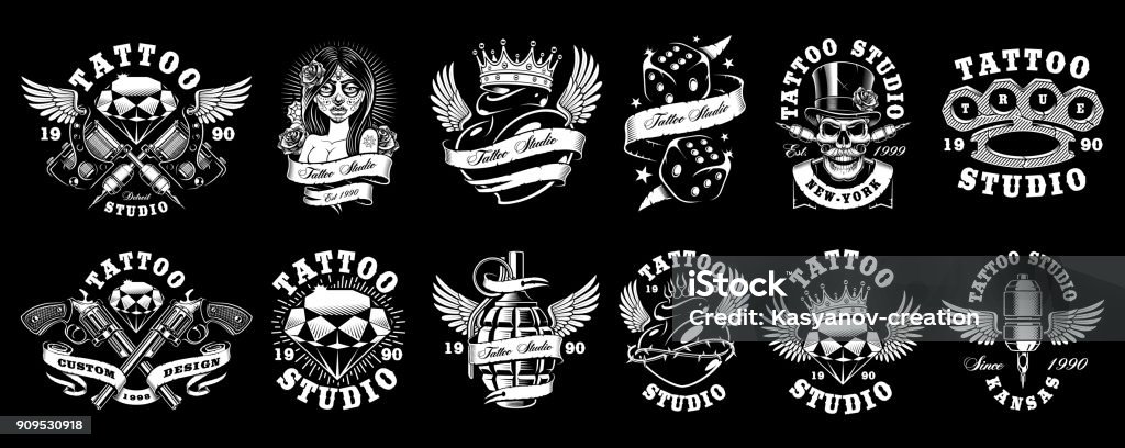 Set of custom tattoo designs (for dark background) Tattoo design. Set of tattoo emblems, graphic for shirt . Text is on the separate layer. (VERSION FOR DARK BACKGROUND) Brass Knuckle stock vector