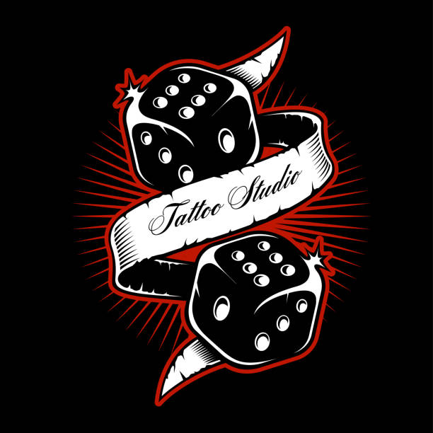 Old schooll dice tattoo design. Old schooll dice tattoo design on dark background. poker card tattoos stock illustrations