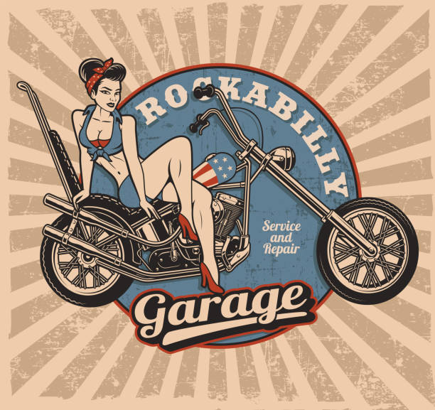 pin-up girl auf dem motorrad. farbenfrohe retro-plakat. - pin up stock-grafiken, -clipart, -cartoons und -symbole