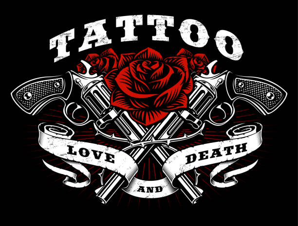 Guns and roses tattoo design. Guns and roses tattoo design. Black and white illustration with revolvers, roses and vintage ribbon, shirt graphic. All elements, text, colors are on the separate layer. pistol clipart stock illustrations