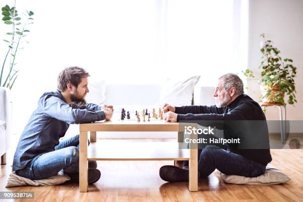 Hipster Son And His Senior Father At Home Stock Photo - Download Image Now - Chess, Men, Playing