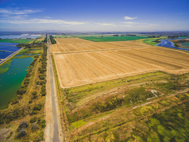 istock Aerial panoramic view of  plowed fields in Australia 909542128