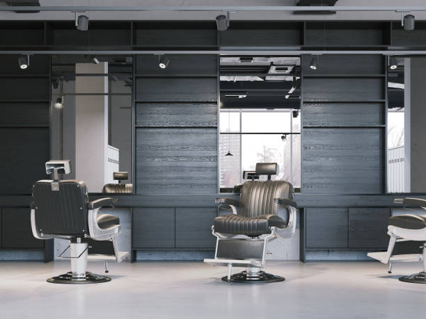 istock Modern barbershop interior with chairs. 3d rendering 909547106