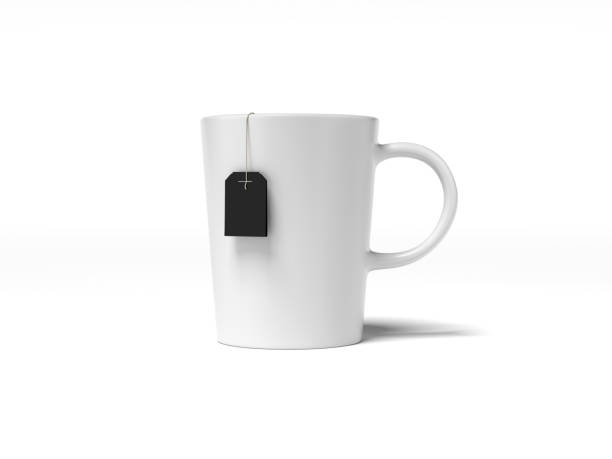 istock White cup and tea bag with black label. 3d rendering 909550308