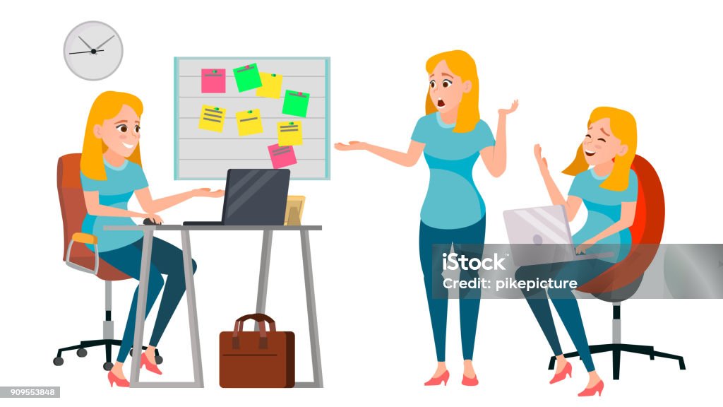 Business Woman Character Vector. Working Female, Girl. Team Room. Desk. Brainstorming. Environment Process. Start Up Office. Effective Programmer Designer. Lifestyle Situations. Character Illustration Business Woman Character Vector. Working Girl. Environment Process Creative Studio. Lifestyle Situations In Action. Girl Boss. Programming, Planning. Designer, Manager. Poses. Business Illustration Adult stock vector