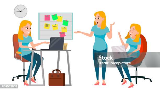 Business Woman Character Vector Working Female Girl Team Room Desk Brainstorming Environment Process Start Up Office Effective Programmer Designer Lifestyle Situations Character Illustration Stock Illustration - Download Image Now