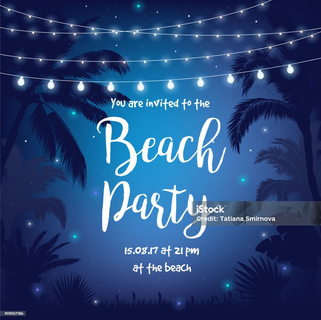 Ilustração em vetor festa na praia com o céu estrelado lindo à noite, as palmas, folhas e pendurar as luzes de festa - Vetor de Verão royalty-free