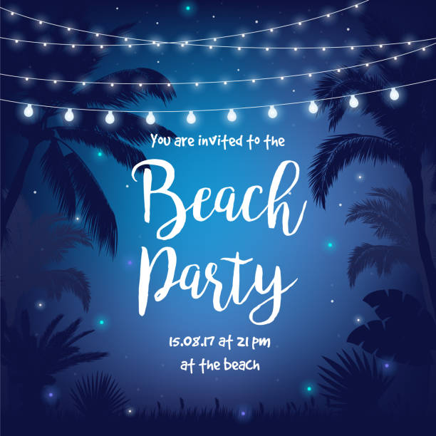 Beach Party vector illustration with beautiful night starry sky, palms, leaves and hanging party lights Vector illustration design template beach party stock illustrations