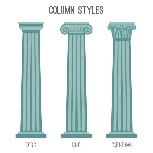 Ancient tall column styles isolated cartoon illustrations set Ancient tall column styles. Plain doric, ionic with rounded parts on top and corinthian with complicated pattern isolated cartoon flat vector illustrations set. doric stock illustrations