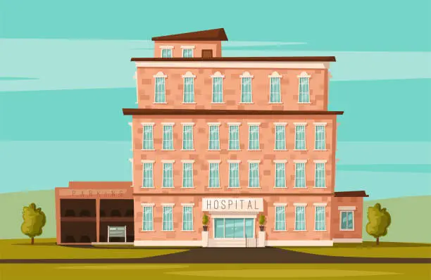 Vector illustration of Modern hospital. medical services. Facade of clinic. Cartoon vector illustration