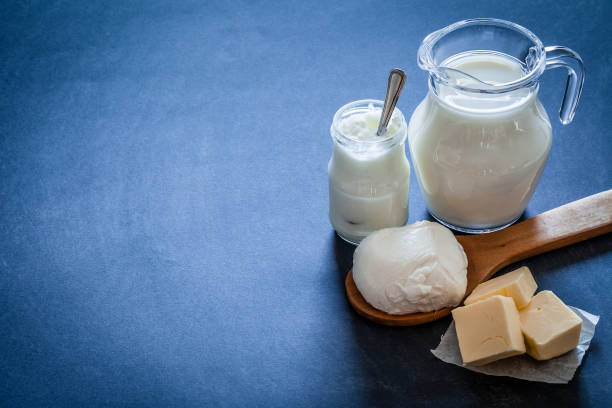 istock Dairy products: Milk, yogurt, mozzarella and butter shot on bluish tint background 909573580