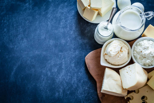 Dairy products shot on bluish tint background Top view of dairy products assortment shot on bluish tint kitchen table. The composition is at the right of an horizontal frame leaving useful copy space for text and/or logo. Dairy products included are milk, yogurt, butter, mozzarella, mascarpone, emmental cheese, ricotta, eggs and goat cheese. DSRL studio photo taken with Canon EOS 5D Mk II and Canon EF 100mm f/2.8L Macro IS USM blue jug stock pictures, royalty-free photos & images