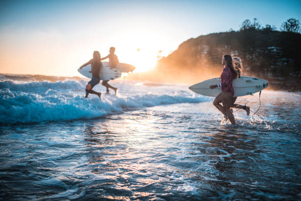 Friends running into the ocean with their surfboards Four friends, surfers, running into the water early in the morning with surfboards in their hands. Sun is rising in back. surfing photos stock pictures, royalty-free photos & images