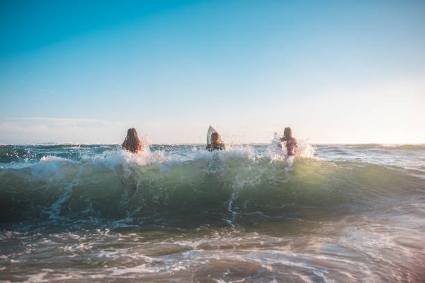 istock Young friends going into the water with their surfboards 909575110