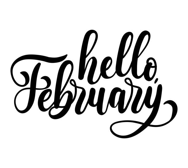 Hello february lettering card with snowlakes. Hand drawn inspirational winter quote  with doodles. Winter greeting card. Motivational print for invitation cards, brochures, poster, t-shirts, mugs. february stock illustrations