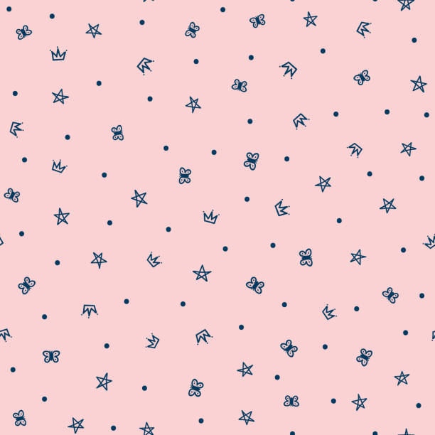 ilustrações de stock, clip art, desenhos animados e ícones de repeated crown, stars, butterflies and polka dot. cute girly seamless pattern drawn by hand. sketch, doodle, scribble. - summer backgrounds line art butterfly
