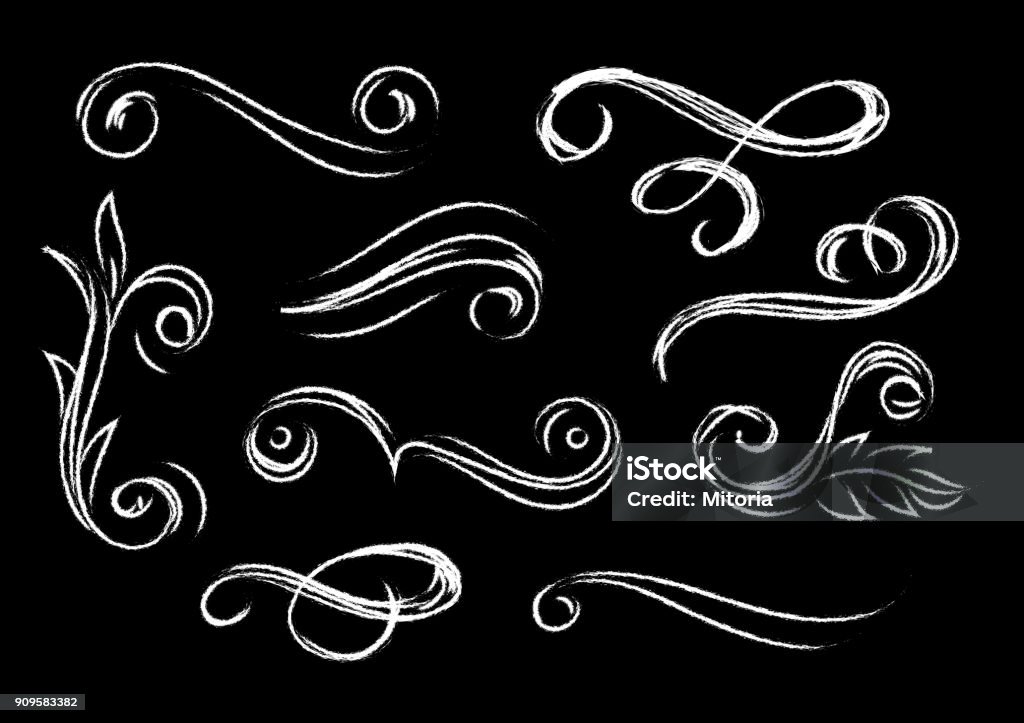 Set of chalkboard style flourish elements. Modern chalk effect flourish elements for invitations, wedding, birthday isolated on black background. Vector illustration. Chalkboard - Visual Aid stock vector