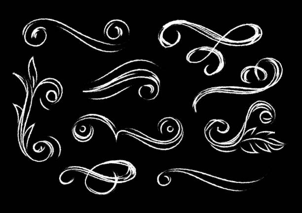 Set of chalkboard style flourish elements. Modern chalk effect flourish elements for invitations, wedding, birthday isolated on black background. Vector illustration. chalk drawing stock illustrations