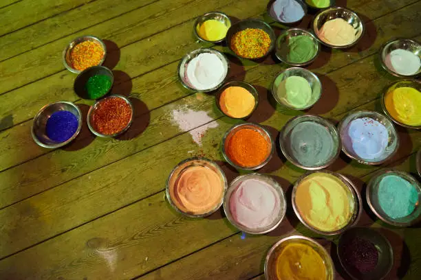 Photo of Many color additives for staining glass in the glassworks