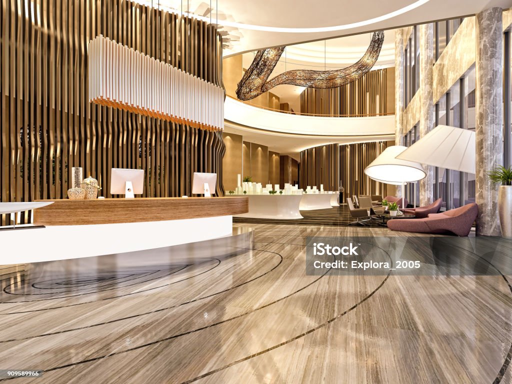 3d render of commercial building interior and reception Hotel Stock Photo