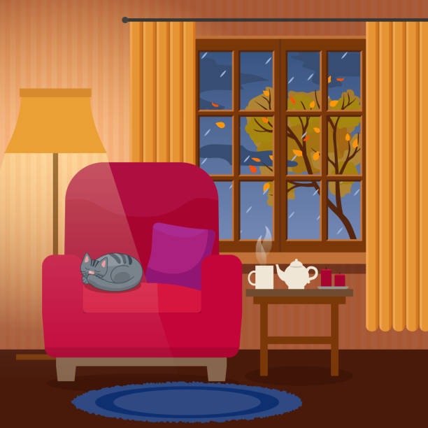 stockillustraties, clipart, cartoons en iconen met 's avonds gezellig interieur van woonkamer, regen buiten het raam, de kat slaapt op fauteuil. vlakke stijl, ontwerpsjabloon - herfst nederland