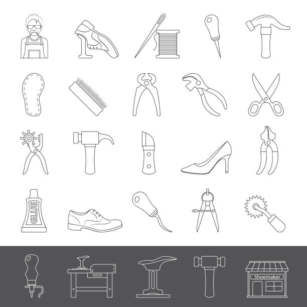Line Icons - Shoemaker Tools Shoemaker tools and equipment icon set shoemaker stock illustrations