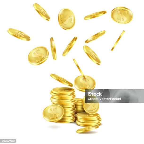 Vector Realistic Falling Gold Coins Rain Of Money Stock Illustration - Download Image Now - Coin, Stack, Gold - Metal