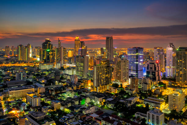 istock Sunset scence of Bangkok skyline Panorama and Skyscraper 909616932