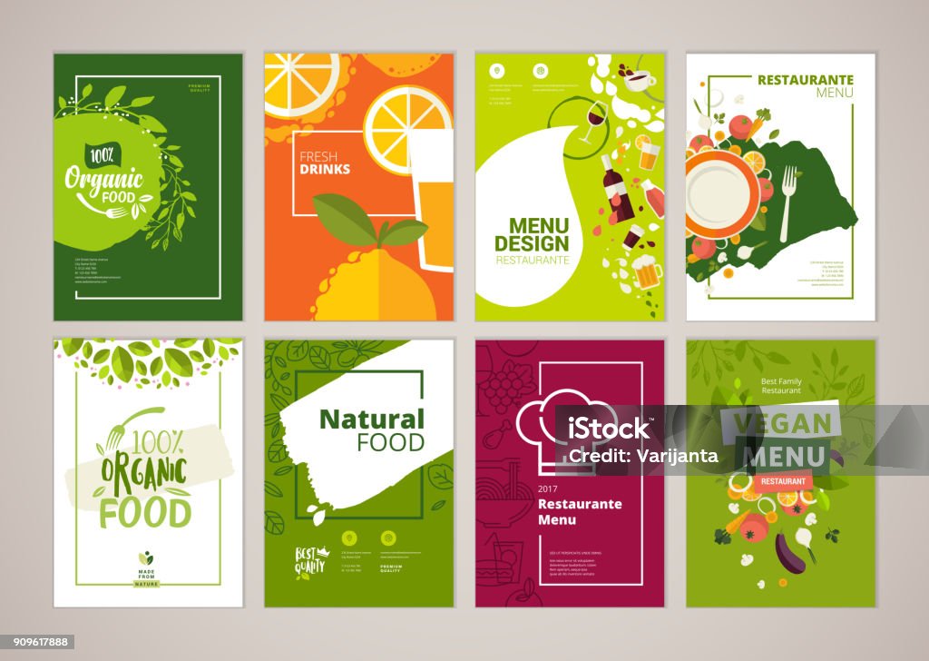 Set of restaurant menu, brochure, flyer design templates in A4 size Vector illustrations for food and drink marketing material, ads, natural products presentation templates, cover design. Food stock vector
