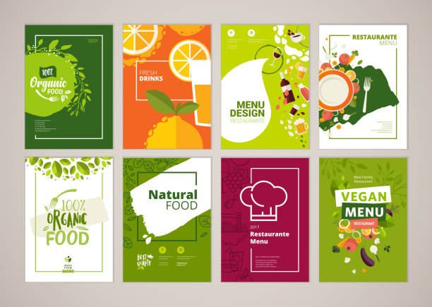 Set of restaurant menu, brochure, flyer design templates in A4 size Vector illustrations for food and drink marketing material, ads, natural products presentation templates, cover design. organic food stock illustrations