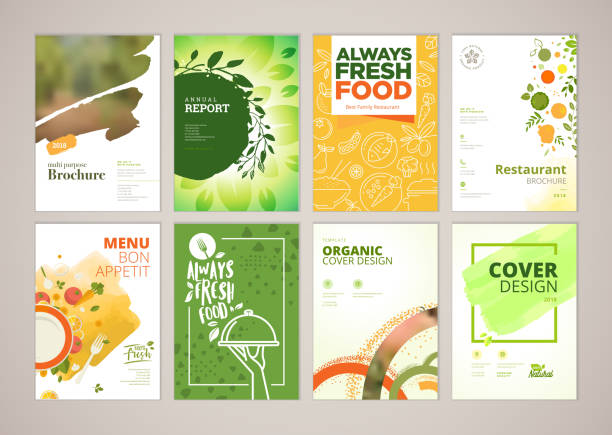 Set of restaurant menu, brochure, flyer design templates in A4 size Vector illustrations for food and drink marketing material, ads, natural products presentation templates, cover design. food menu template stock illustrations