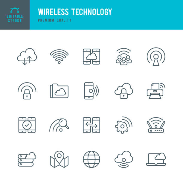 ilustraciones, imágenes clip art, dibujos animados e iconos de stock de tecnología inalámbrica - conjunto de iconos de vector de línea delgada - cloud computer equipment using computer security