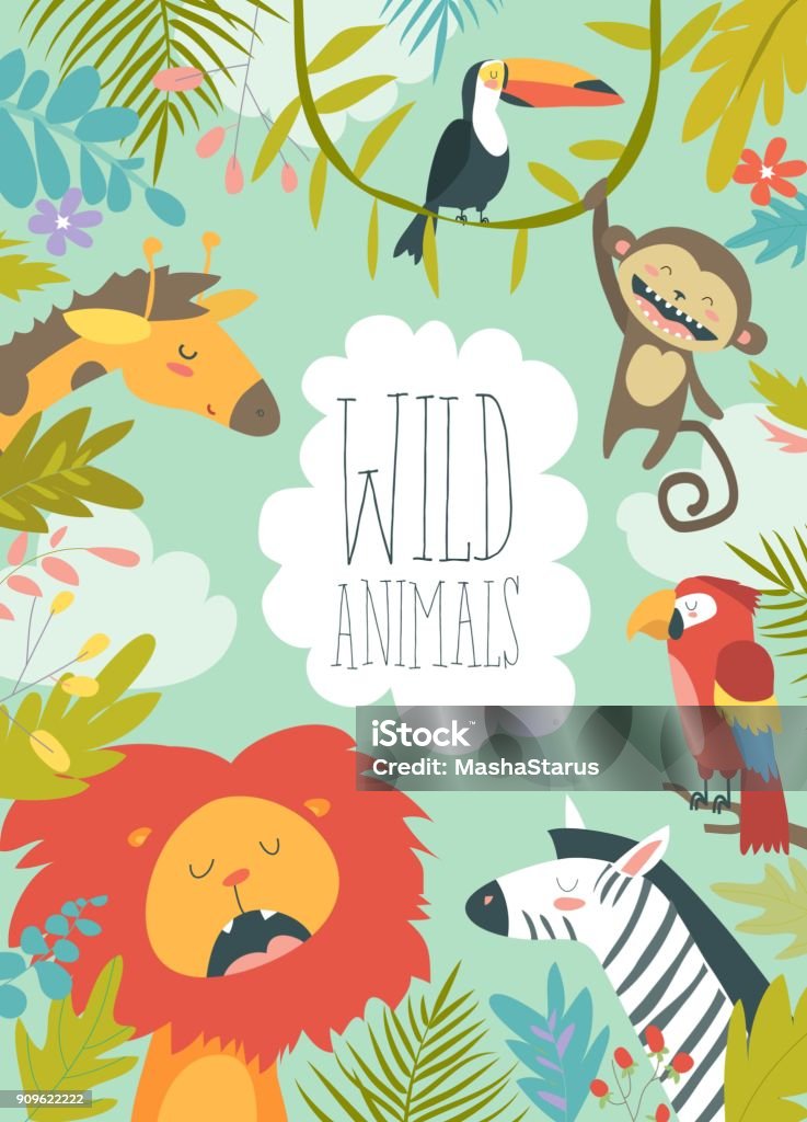 Animales de la selva feliz creando un fondo enmarcado - arte vectorial de Animal libre de derechos