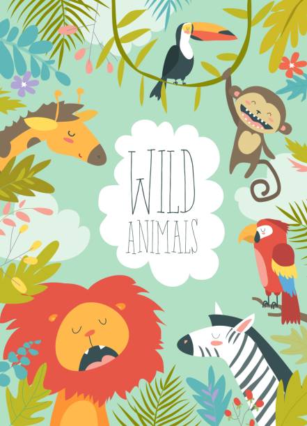 ilustraciones, imágenes clip art, dibujos animados e iconos de stock de animales de la selva feliz creando un fondo enmarcado - zoo animal safari giraffe