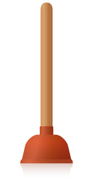 istock Toilet plunger with orange red rubber pump and wooden handle - domestic housework tool to unblock clogged sink and wc - isolated 3d vector illustration on white background. 909622454