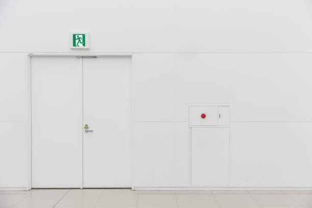 istock emergency fire exit door white clean new fire extinguisher fire alarm 909639032