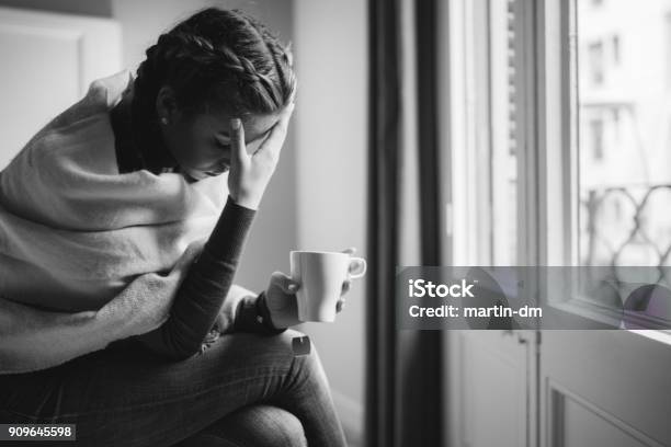 Depressed Woman At Home Stock Photo - Download Image Now - Pregnant, Women, Sadness