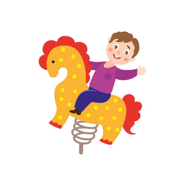 vector boy kid having fun at spring seesaw horse vector flat children in amusement park concept. Boy kid having fun at wooden spring seesaw horse. Isolated illustration on a white background. playground spring horse stock illustrations