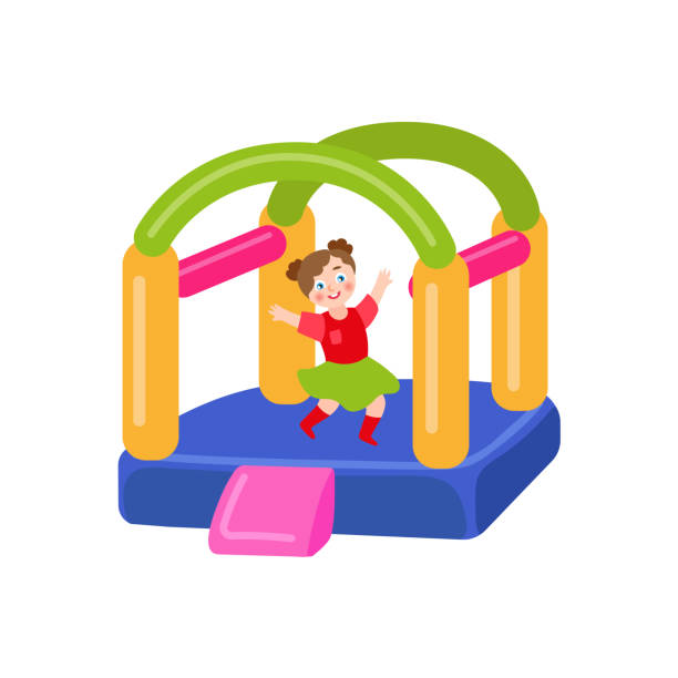 ilustrações de stock, clip art, desenhos animados e ícones de vector flat bouncy inflatable castle and girl - bouncer