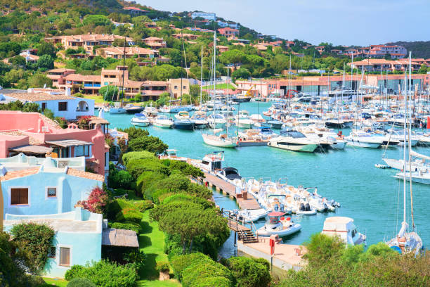 luxury yachts in harbor in porto cervo costa smeralda sardina - marina nautical vessel sailboat harbor imagens e fotografias de stock