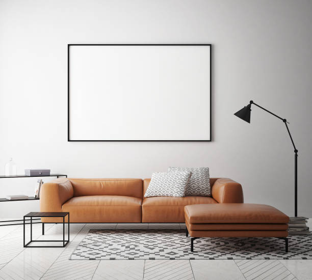 istock mock up poster frame in hipster interior background, scandinavian style, 3D render 909655452
