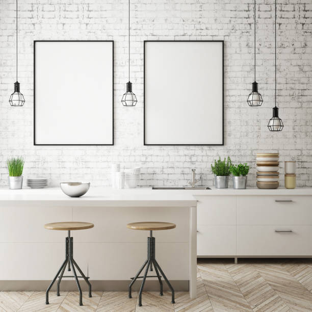 istock mock up poster frame in kitchen interior background, scandinavian style, 3D render 909655538