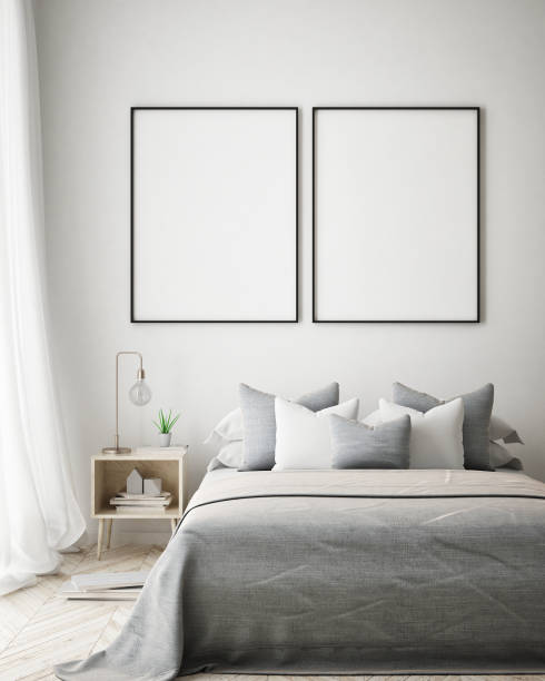 istock mock up poster frame in hipster interior background, scandinavian style, 3D render 909655698