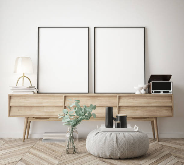istock mock up poster frame in hipster interior background, scandinavian style, 3D render 909655724