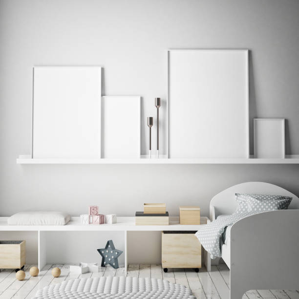istock mock up poster frames in children bedroom, Scandinavian style interior background, 3D render 909655768