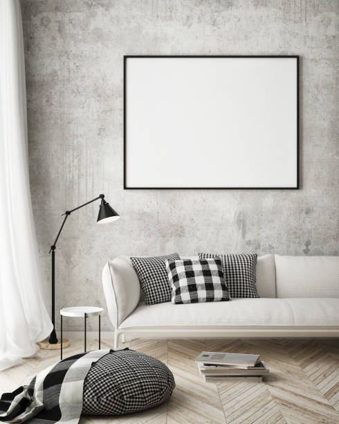 istock mock up poster frame in hipster interior background, scandinavian style, 3D render 909655796