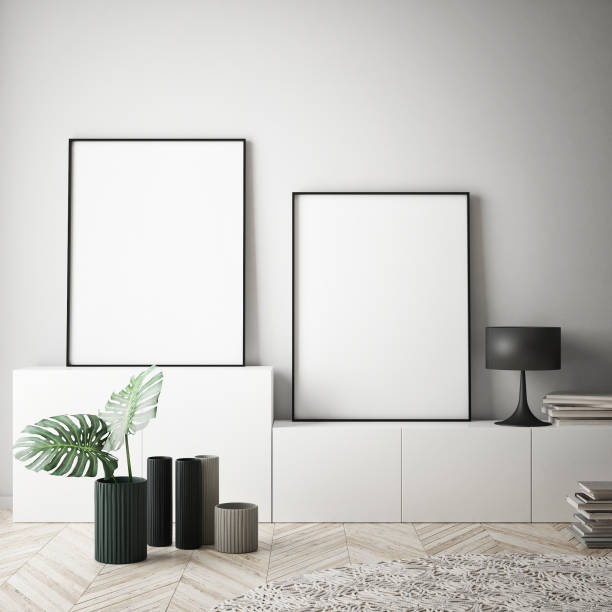 istock mock up poster frame in hipster interior background, scandinavian style, 3D render 909655798