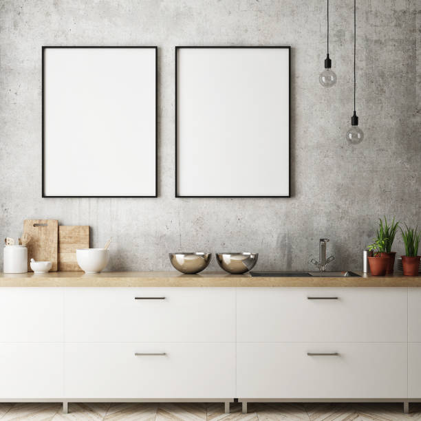 istock mock up poster frame in kitchen interior background, scandinavian style, 3D render 909655890