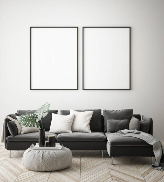 istock mock up poster frame in hipster interior background, scandinavian style, 3D render 909656002