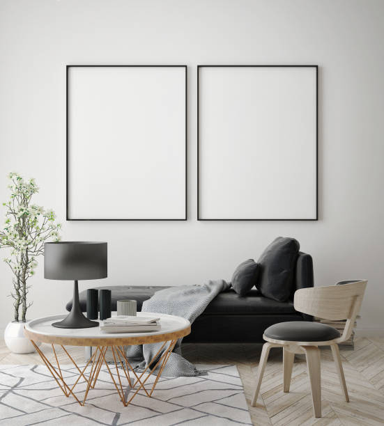 istock mock up poster frame in hipster interior background, scandinavian style, 3D render 909656030